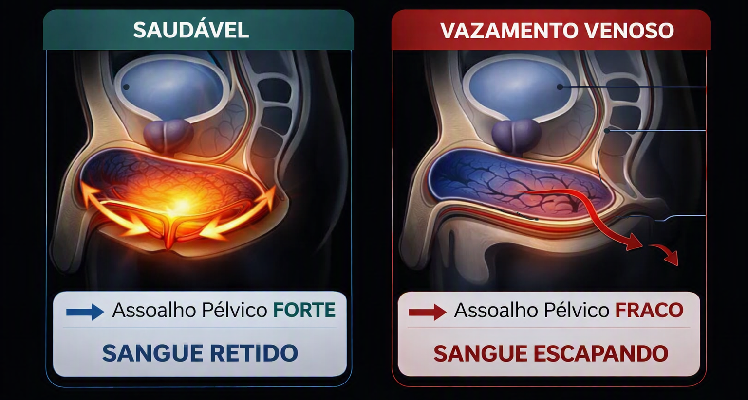 Comparação entre bexiga saudável e vazamento venoso